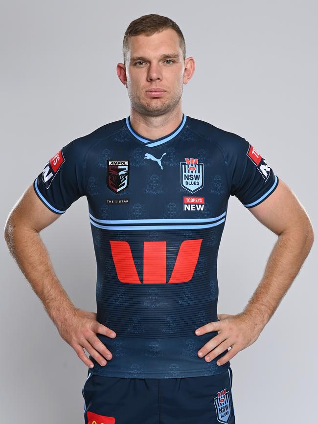 Tom Trbojevic models this year's NSW Origin jersey, which is navy blue. Picture: NRL Photos