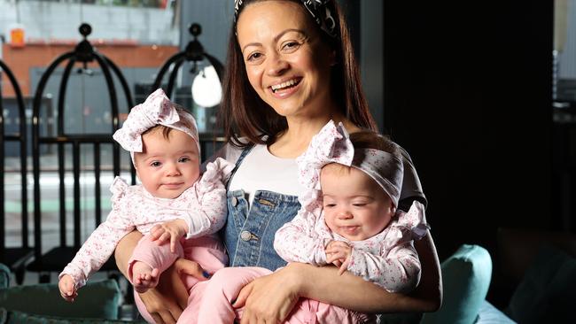 Red Wiggle Caterina Mete with her daughters Dolly And Gigi, 5 months, Brisbane. Picture: Liam Kidston