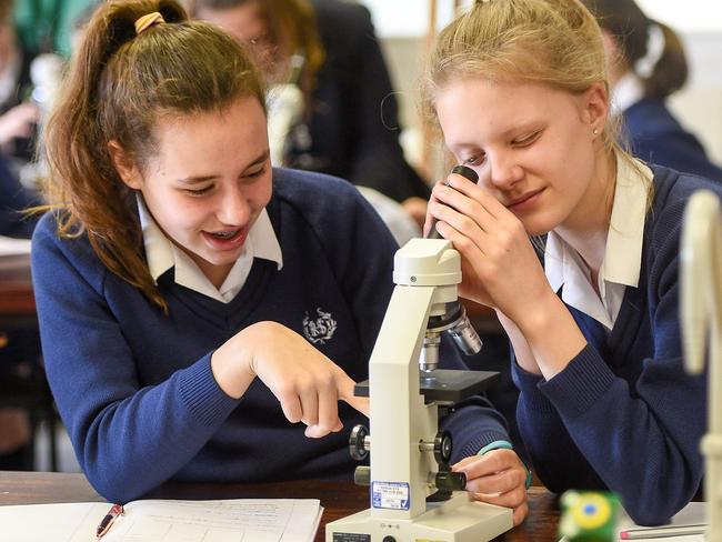 Students use a microscope in a biology lesson in a science class at Royal High School Bath, which is a day and boarding school for girls aged 3-18 and also part of The Girls' Day School Trust, the leading network of independent girls' schools in the UK.  (Photo by Ben Birchall/PA Images via Getty Images)