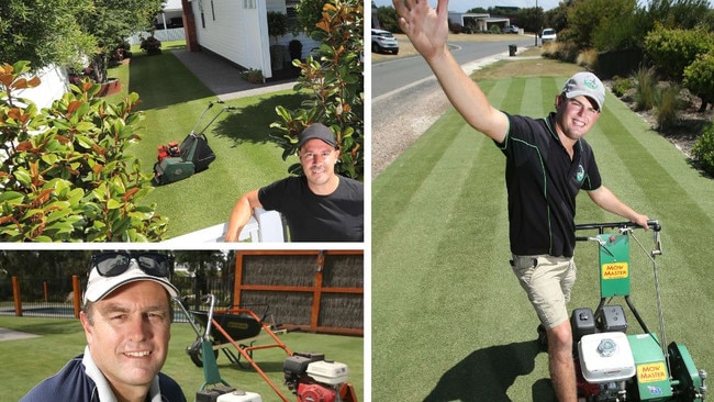 Geelong lawn lords Ricky Forte, top left, Ryan Yockins, bottom right and Harry O'Brien, right.