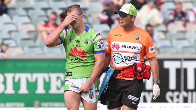 Lachlan Croker comes off injured on debut. He hasn’t played NRL since. Picture: Kym Smith