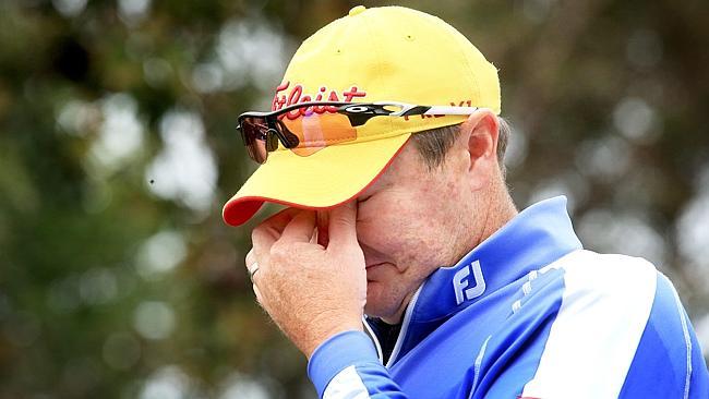 An emotional Jarrod Lyle at the first tee. Picture: Wayne Ludbey.