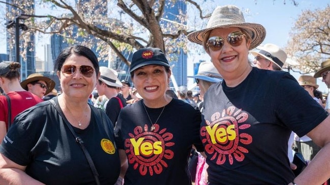 Queensland Premier Annastacia Palaszczuk (Right) marches with Cabinet colleagues Grace Grace (Left) and Leeanne Enoch (centre) in support of the voice to parliament referendum. Picture: Instagram