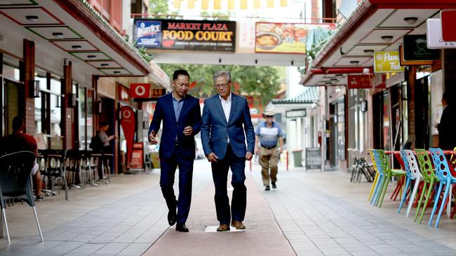 Herman Chin, former President of Chinatown Adelaide with SA Governor Hieu Van Le at a much quieter Chinatown. Picture: AAP / Kelly Barnes