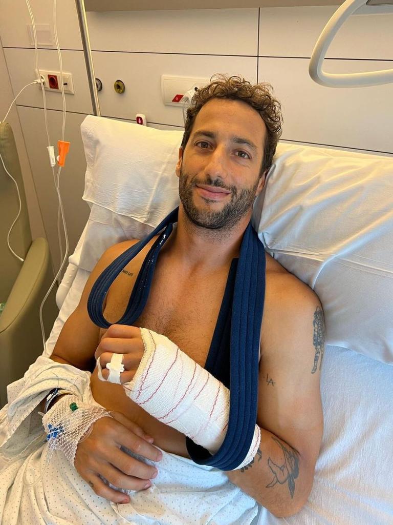 Daniel Ricciardo was in hospital after surgery to have a metal plate put in his hand. Picture: Supplied