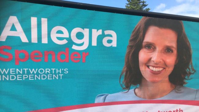 A billboard for Allegra Spender, Independent candidate for Wentworth. Her climate credentials have been called into question as photos have revealed a series of diesel-guzzling electronic billboards touring the highly contested seat.