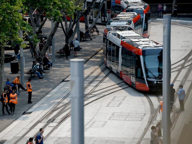 A tram gets stuck at Circular Quay. Picture: Bianca De Marchi