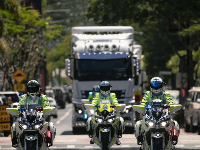 Transporters on Tedder, as all the big rigs of Supercars teams drive down Main BeachÃs Tedder Avenue.Picture: Glenn Campbell