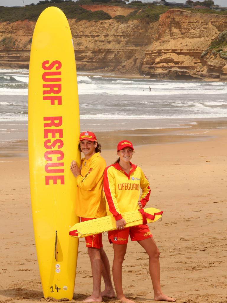 Lifeguard Jacqui Dreher and Lifesaver Finn Dripps at Jan Juc beach. Picture: Alison Wynd