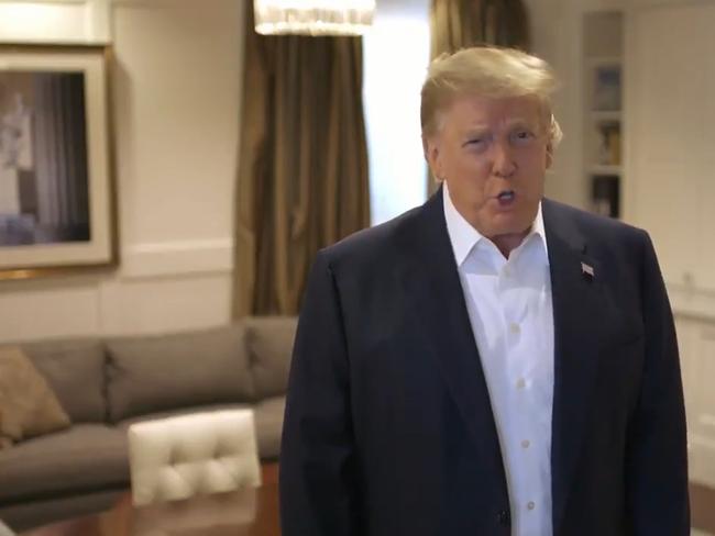 Twitter screen grabs of Donald Trump addressing the public regarding his health and coronavirus.US President Donald Trump has briefly left hospital to give a drive-by thank you to the supporters gathered outside Walter Reed Medical Centre.Picture: Twitter/ Supplied