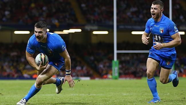 CARDIFF, WALES - OCTOBER 26: James Tedesco, left, of Italy scores a try with Ben Falcone in support during the Rugby League World Cup Inter group match between Wales and Italy at the Millennium Stadium on October 26, 2013 in Cardiff, Wales. (Photo by Michael Steele/Getty Images)