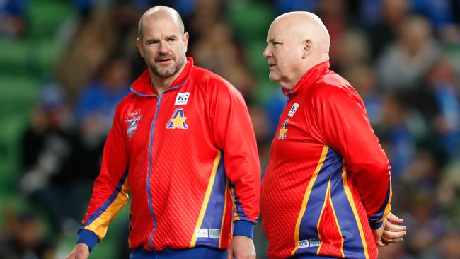 Mark Ricciuto (left) and Andrew Jarman during the 2019 EJ Whitten Legends Game. Picture: Michael Willson.