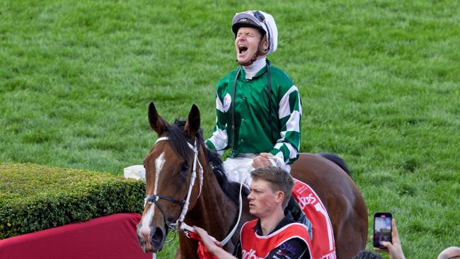 James McDonald lets out a roar returning to scale on Via Sistina after Saturday’s Cox Plate romp Picture: Dave Geraghty/Racing Photos via Getty Images