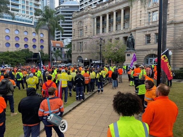 CFMEU members rally after a man was injured working on Brisbane's Cross River Rail project. Picture: Steve Pohlner