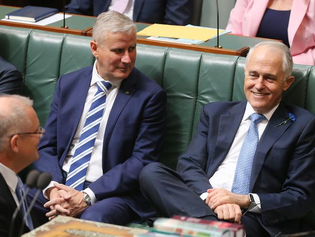 Prime Minister Malcolm Turnbull in the House of Representatives with Treasurer Scott Morrison and Deputy Prime Minister Michael McCormack. Picture Kym Smith