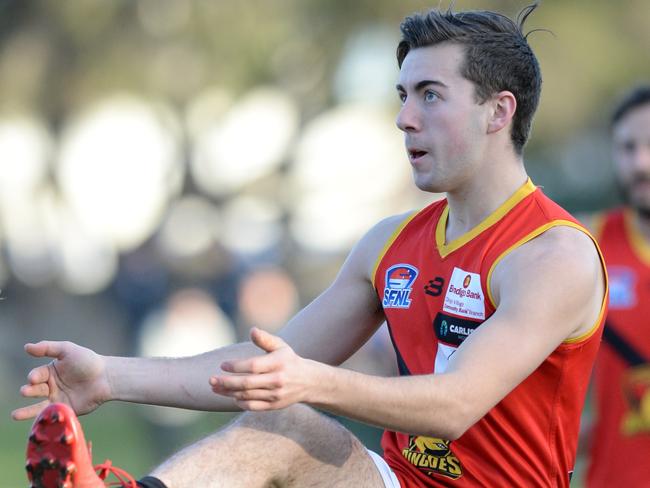 Southern FNL Division 1 football: Cheltenham v Dingley at Jack Barker reserve. Dingley #5 Joel Sarlo kicks a last quarter goal . Picture: AAP/Chris Eastman