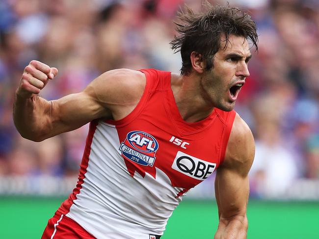 Sydney's Josh Kennedy celebrates after kicking a goal during AFL Grand Final between Sydney Swans v Western Bulldogs at the MCG. Picture. Phil Hillyard