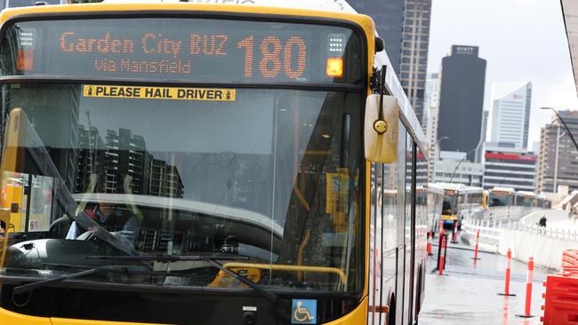 Buses cross Victoria Bridge towards South Brisbane. Picture: Lachie Millard