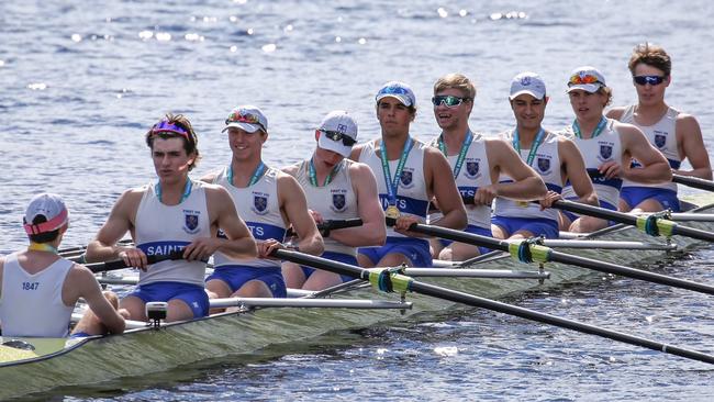 St Peter’s boys VIII in action during the 2021 Schoolboy’s Coxed Eight National Championships in Tasmania. Picture: Richard Beale