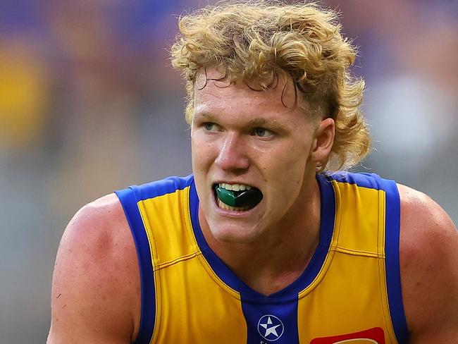 PERTH, AUSTRALIA - MARCH 26: Reuben Ginbey of the Eagles in action during the round two AFL match between West Coast Eagles and Greater Western Sydney Giants at Optus Stadium, on March 26, 2023, in Perth, Australia. (Photo by Paul Kane/Getty Images)