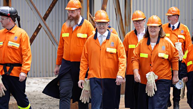 Anthony Albanese visiting Tomago Aluminium in NSW with the Labor MP for Hunter Dan Rapacholi, second left, Labor MP for Shortland Pat Conroy, third right, and Labor MP for Paterson Meryl Swanson, second right. Picture: Adam Yip/NewsWire