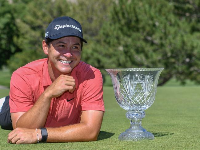 FARMINGTON, UTAH - AUGUST 04: Karl Vilips of Australia poses for photos after winning the final round of the Utah Championship presented by Zions Bank and Intermountain Health at Oakridge Country Club on August 04, 2024 in Farmington, Utah. (Photo by Alex Goodlett/Getty Images)