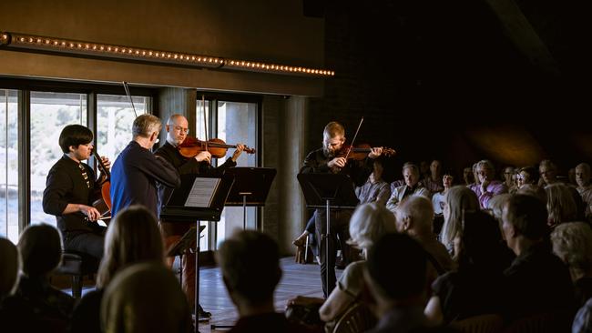 New York string quartet Brooklyn Rider performing in the Opera House's Utzon Room. Picture: Cassandra Hannagan