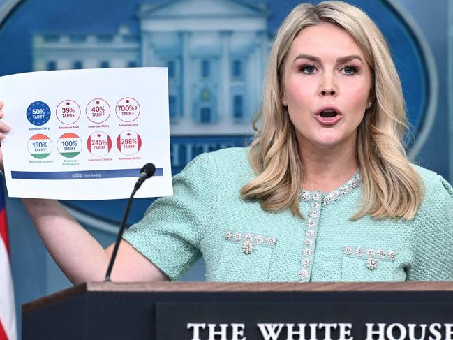 White House Press Secretary Karoline Leavitt holds up a piece of paper with information about tariff rates. Picture: AFP