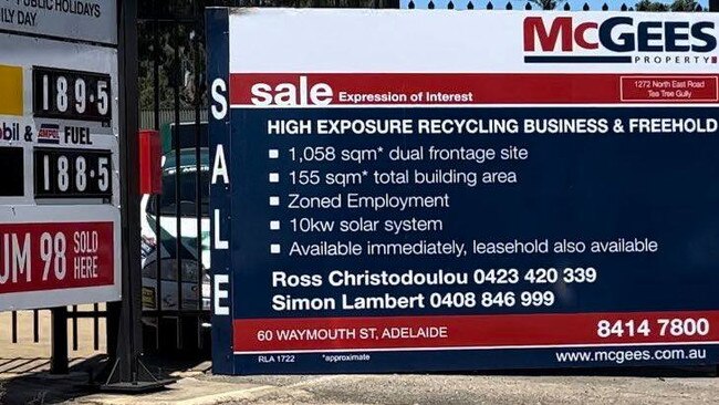 The for sale sign at the recycling facility/service station. Picture: Supplied