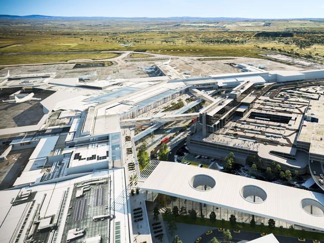 An artist's impression of Melbourne Airport with an underground rail station (bottom middle) as well as a new road link to its car parks. Source: Melbourne Airport