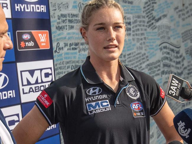 Tayla Harris seeks about the social media trolls she received the brunt of after a photo of her kicking a goal went viral at Carlton Football Club. AFLW. Picture: Jason Edwards