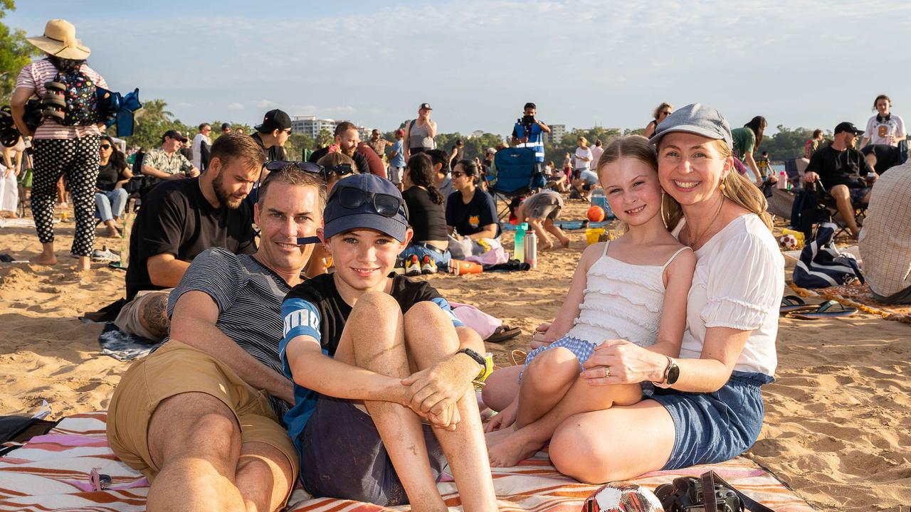 Andrew Meyer, Flynn Meyer, Emily Meyer and Carly Meyer at Mindil Beach. Picture: Pema Tamang Pakhrin