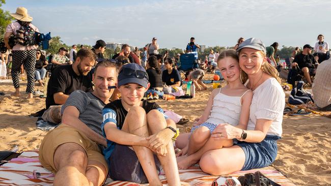 Andrew Meyer, Flynn Meyer, Emily Meyer and Carly Meyer at Mindil Beach. Picture: Pema Tamang Pakhrin