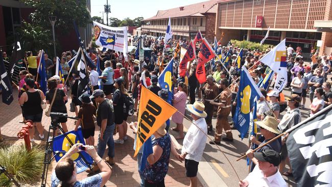 05/04/15 - The community of Whyalla gather at the steps of the council building after marching from Wilson Park to show their support for the steal industry in their town. Photo Tom Huntley