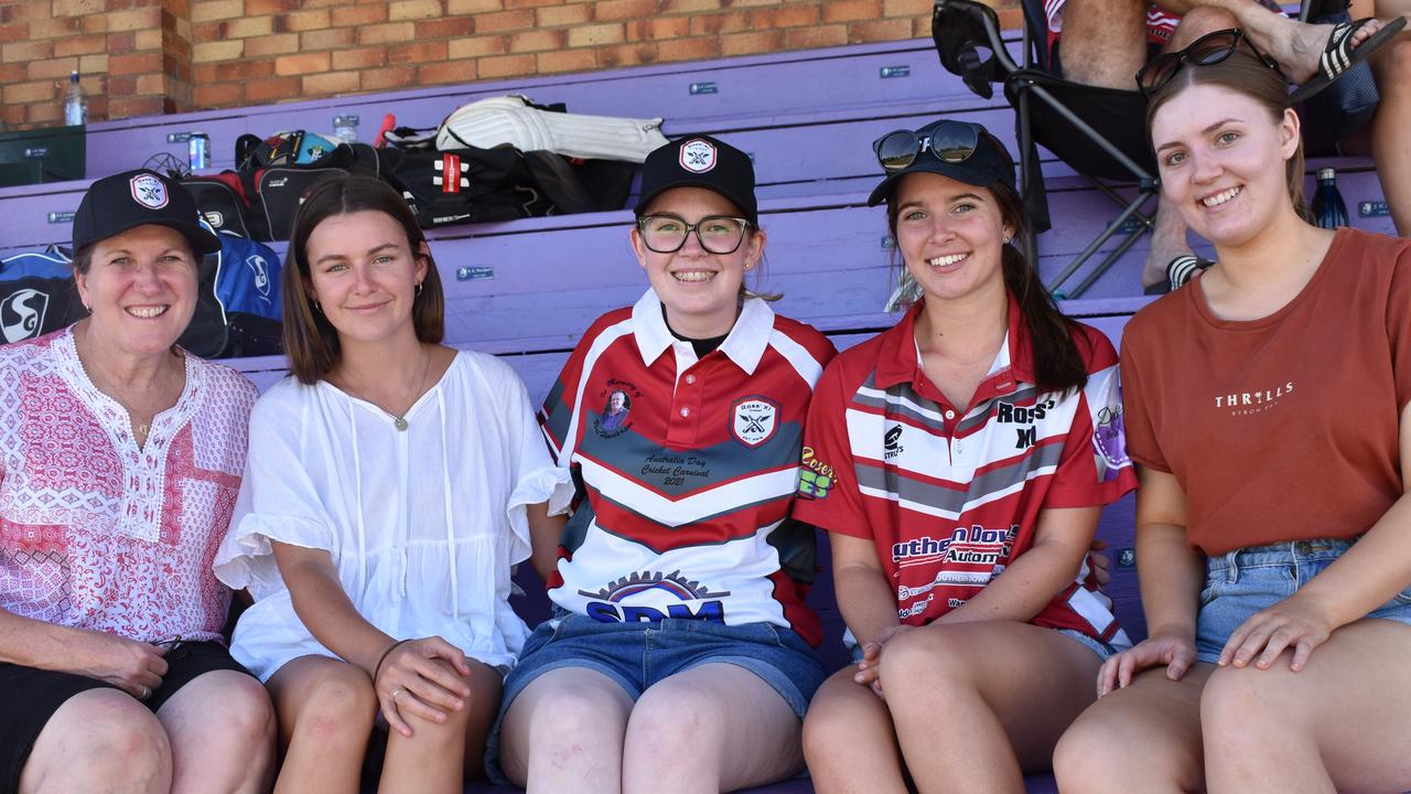 Alison Henderson, Zara Hilton, Ella Henderson, Sam Brider, and Jessica Henry at the Ross XI v Jonesy XI game at Briggs Oval.