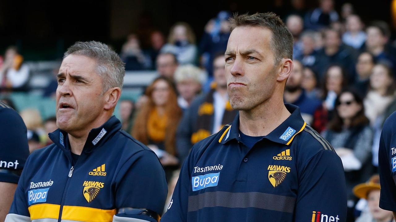 MELBOURNE, AUSTRALIA - SEPTEMBER 5: (L-R) Chris Fagan, Alastair Clarkson and Brett Ratten look on during the 2015 AFL round 23 match between the Hawthorn Hawks and the Carlton Blues at the Melbourne Cricket Ground, Melbourne, Australia on September 5, 2015. (Photo by Michael Willson/AFL Media)