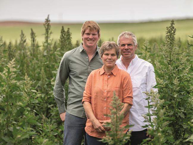 Left: Peter Daman with parents Henriette and Lauran Daman, run Kindred Organics in north-west Tasmania. The company took out the Best New Product category in the Delicious Harvey Norman Produce Awards 2021.