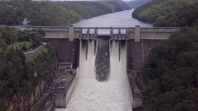 Warragamba Dam spilling flood waters over its wall at Warragamba