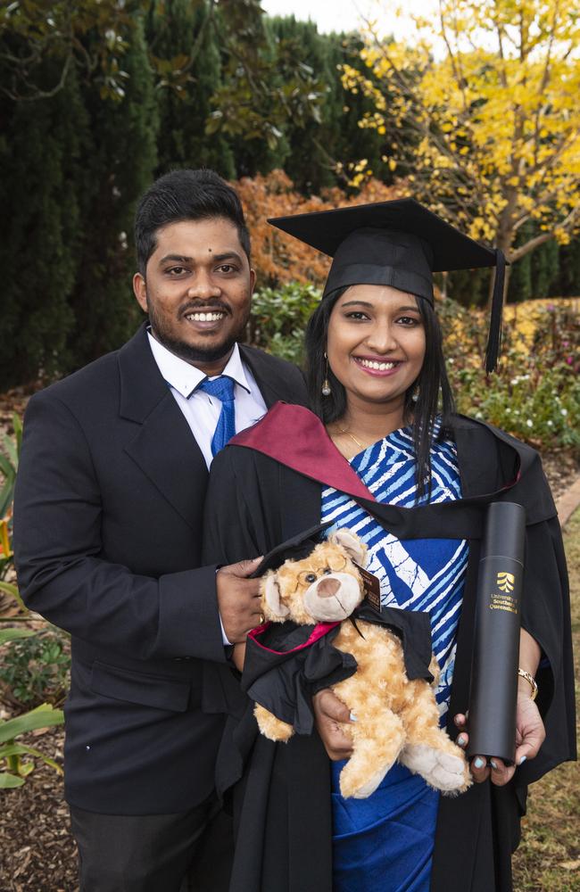 Bachelor of Construction graduate Chanchala Rodrigo with husband Ravindu Lowe at a UniSQ graduation ceremony at The Empire, Tuesday, June 25, 2024. Picture: Kevin Farmer