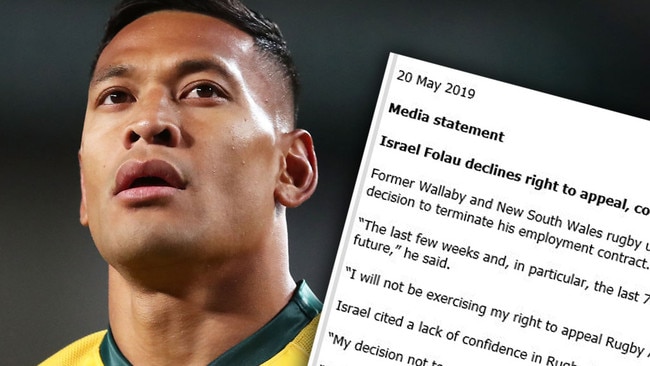 Israel Folau has responded after his Rugby Australia contract was torn up. Picture: