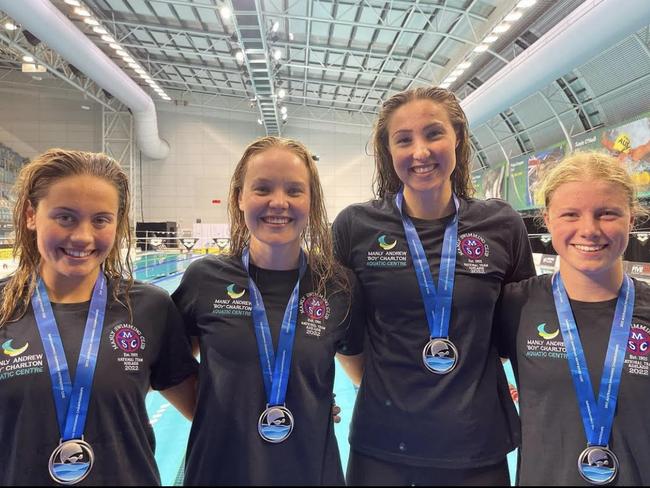 The Manly Swimming Club's women's 4x100m medley relay team who won silver at the Australian Open National Swimming Championships in Adelaide. (left to right) Charli Brown, Lauren Wilson, Georgina Seton and Lily McPherson. Picture: Manly Swimming Club