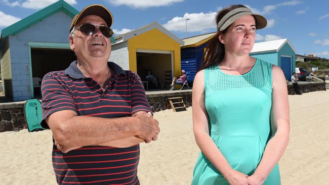 Bathing box owner Ken Aylen and former Kingston mayor Tamsin Bearsley at Aspendale beach. Picture: Chris Eastman