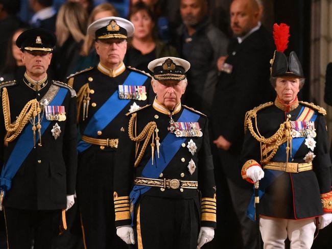 King Charles III leads Princess Anne, Prince Andrew and Prince Edward to the final vigil. Picture: AFP.