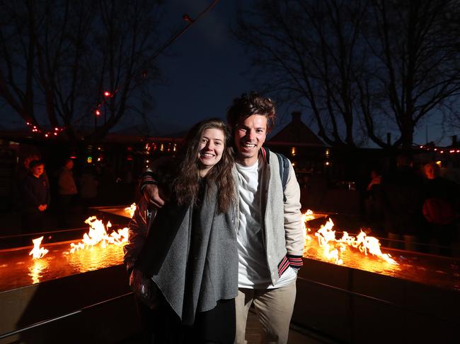 Friends Vira Koshkina and Kirill Kliavin, from Melbourne, are visiting Hobart for Dark Mofo and attended the first night of the Winter Feast at PW1. Picture: NIKKI DAVIS-JONES