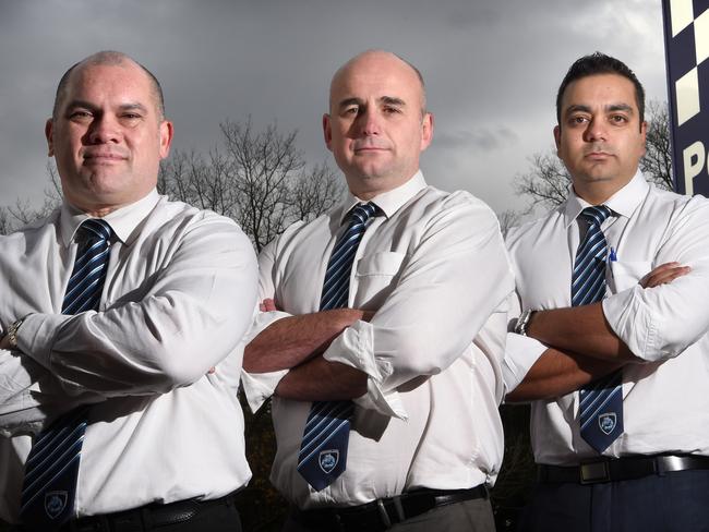 Detectives (L-R) Sen-Constable Gavin Hiku, acting Sen-Sergeant Ivan Bobetic and acting Sergeant  Michael Silva are focused on violent gang activity in Dandenong. Picture: Tony Gough