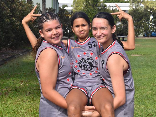 RedCity Roar players Miah Dover, Kaysha Rameka and Atari Charles at the Basketball Queensland under-14 girls state championships in Rockhampton on June 30, 2024.