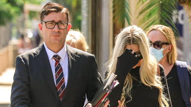 Defence lawyer Michael Gatenby and Mr Ferszt’s mother and partner attend the first court appearance of Rhys Ferszt and Benjamin Williams for cocaine importation at Darwin Local court. Picture: Glenn Campbell