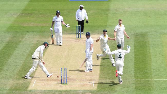 England batsman Jonny Bairstow reacts after being stumped by Alex Carey in a flashpoint of the Ashes series. Picture: Getty