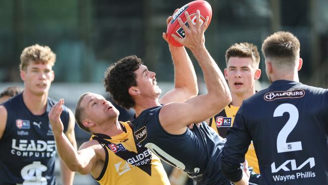 Panther Oscar Clavarino marks strongly against Glenelg at Noarlunga on Saturday. Picture: SANFL Image/David Mariuz