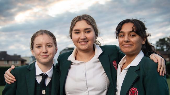 Jasmine Slade, Juanita Lake and Stephanie Pholi from the Presbyterian Ladies College in Croydon, Sydney. Picture: James Gourley/The Daily Telegraph